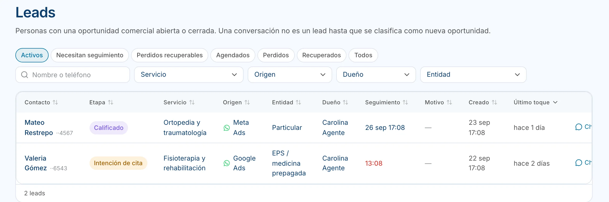 Lead table with stage, service, source (Meta Ads and Google Ads), insurer and owner.