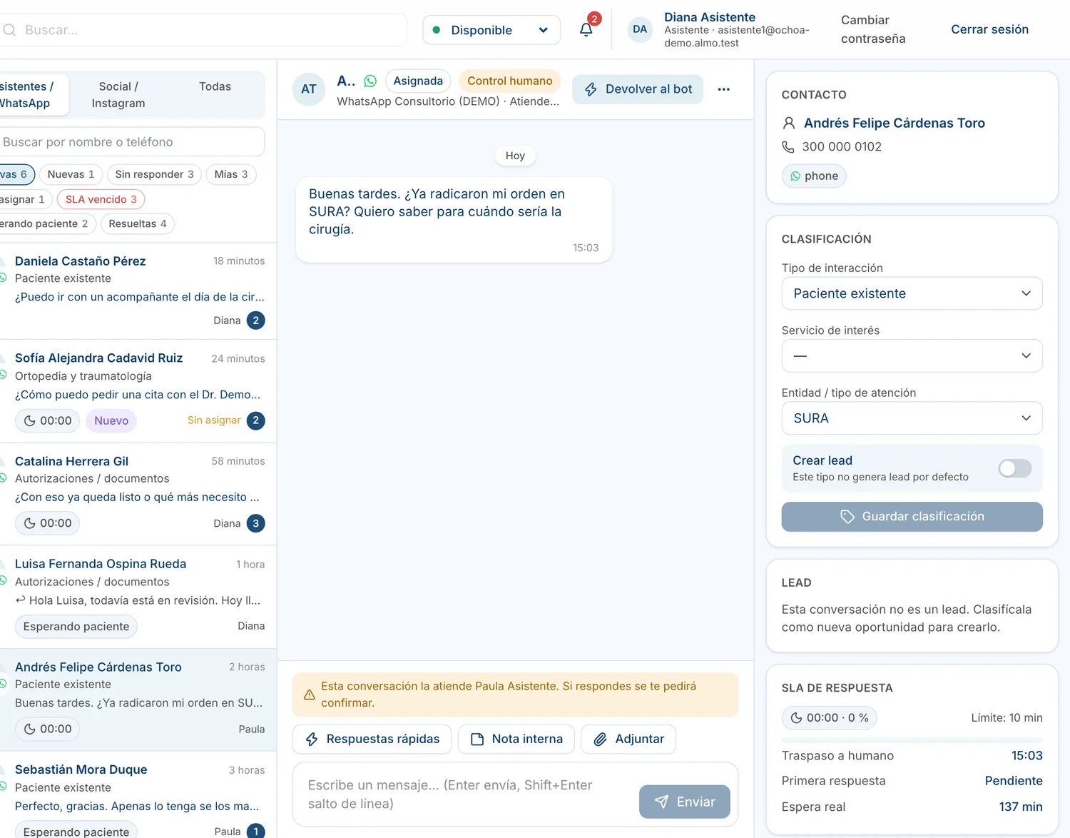 Bandeja de WhatsApp con la conversación de un paciente que pregunta por su orden.