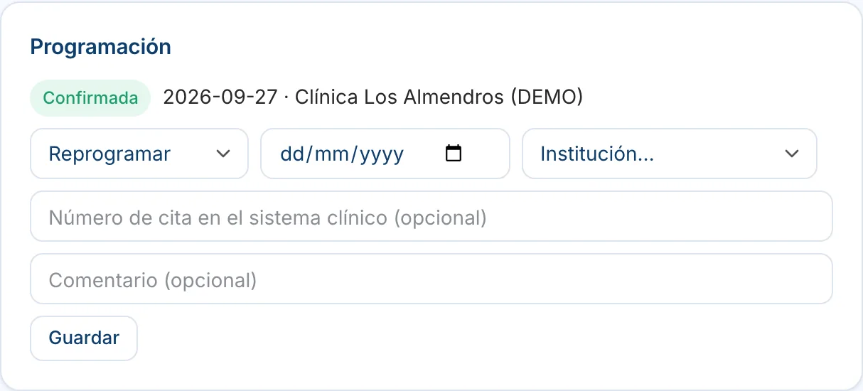 Programación de cirugía confirmada con la institución.